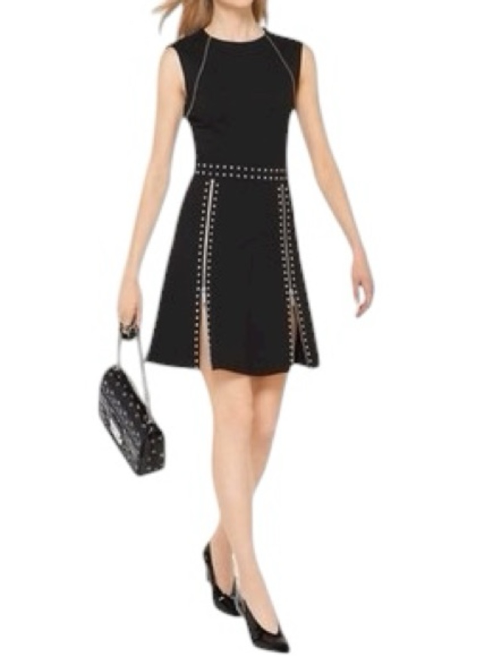 MICHAEL M K. Black Stretch Knit Studded Ponte Sleeveless Fit & Flare Dress XS